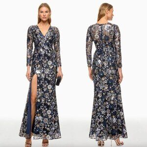 Dress The Population Alessandra Gown in Navy Silver Long Sleeve Maxi Dress